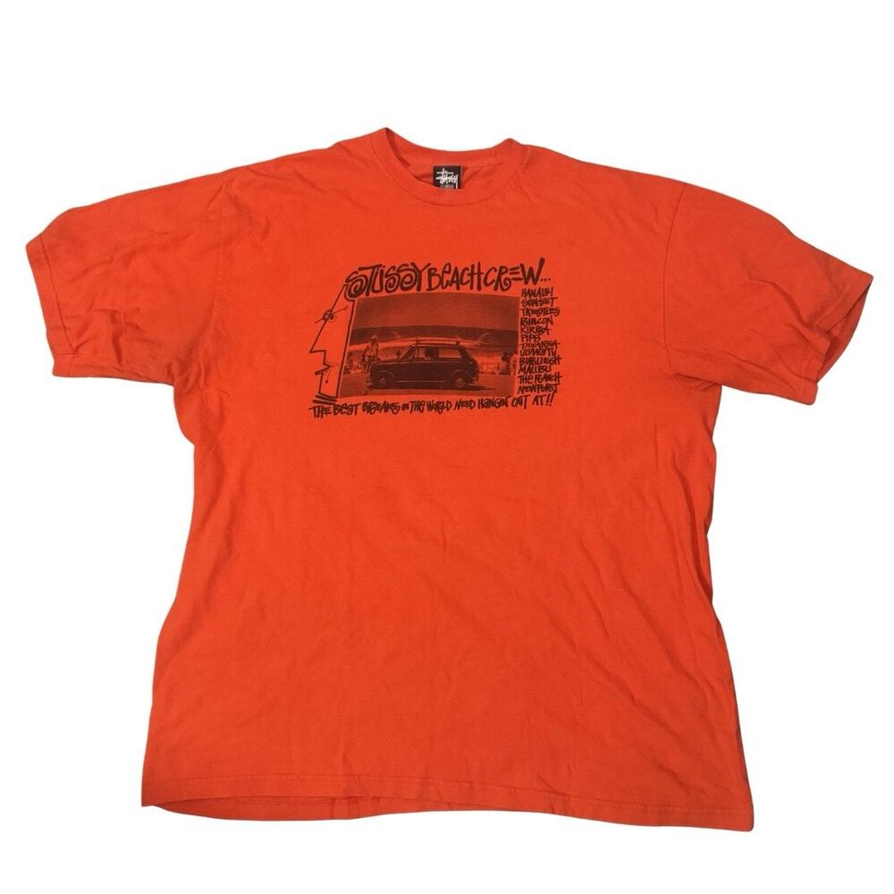 Vintage 90s Y2K Orange Stussy Beach Crew Streetwear Skater Surfer T-Shirt XL
